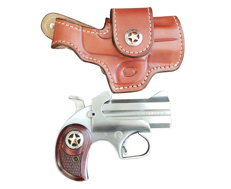 The Bond Arms Rustic Defender provides an ultra-compact and reliable derringer pistol design. It comes chambered in .45 Long Colt with a 3 inch barrel. The Bond Arms Rustic Defender provides an ultra-compact and reliable derringer pistol design. It comes chambered in .45 Long Colt with a 3 inch barrel.